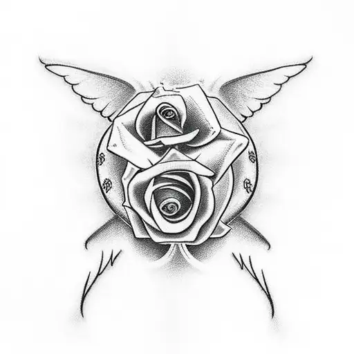 Baseball With Angel Wings Behind And A Rose And Rosary Below It