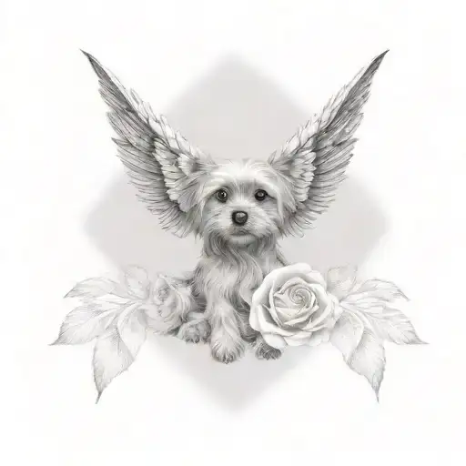 Angel Wings With Yorkshire Terrier Puppy Print In Middle And Red Roses