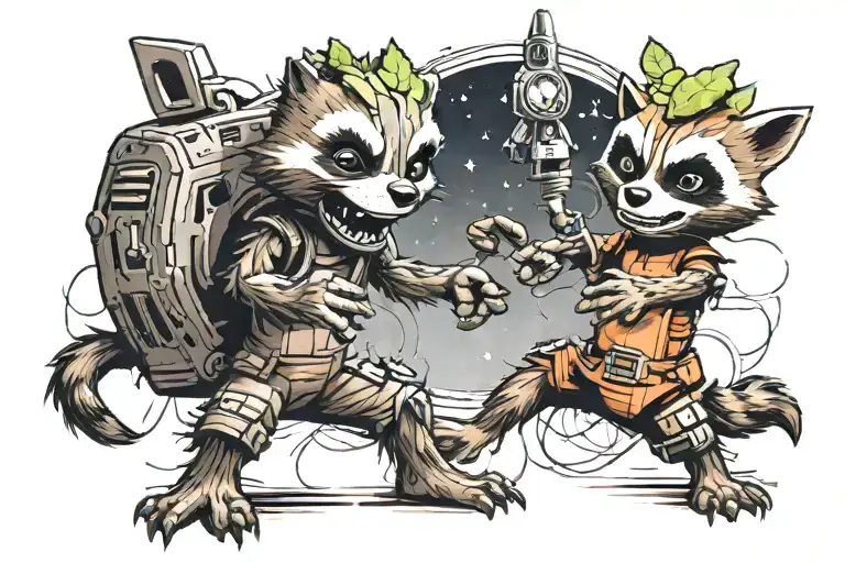 Cartoon Groot And Cartoon Rocket Raccoon Playing Rock Paper Scissors Colourful