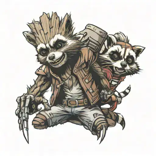 Cartoon Groot Playing Rock Paper Scissors With Cartoon Rocket Raccoon