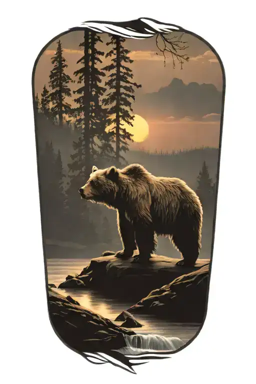 Rayscale Of A Grizzly Bear In The Woods Crossing A River On A Log In Front Of A Mountain Sunset