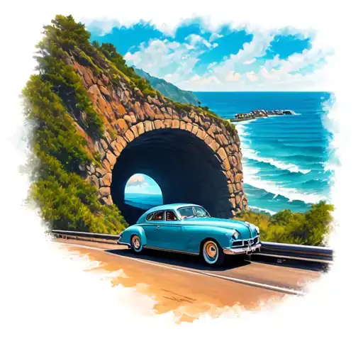 Vintage Car Driving Through A Mountain Tunnel With A Beach View