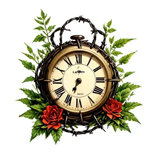 A Clock Surrounded By Barbed Wire And Some Plants