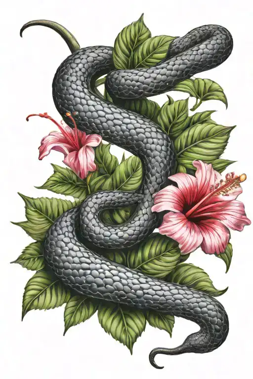 Black Mamba Coiled In Between Hibiscus Leaves