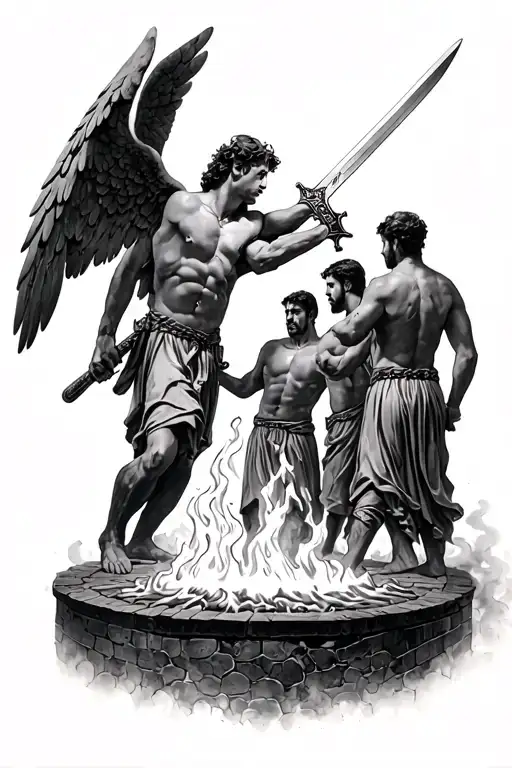 3 Men In A Big Furnace Protected By An Angel Holding A Sword