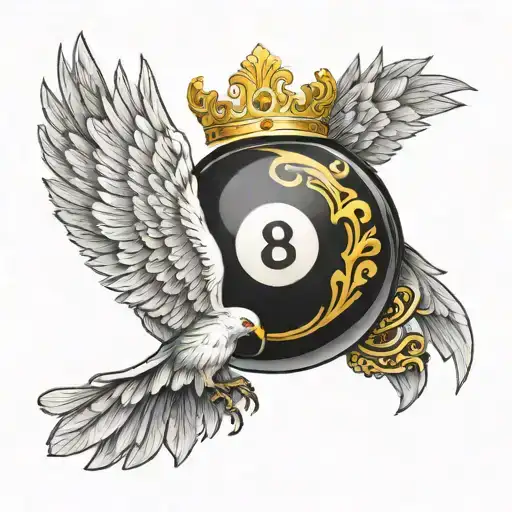 A Billiard 8 Ball With A Golden Crown With White Wings