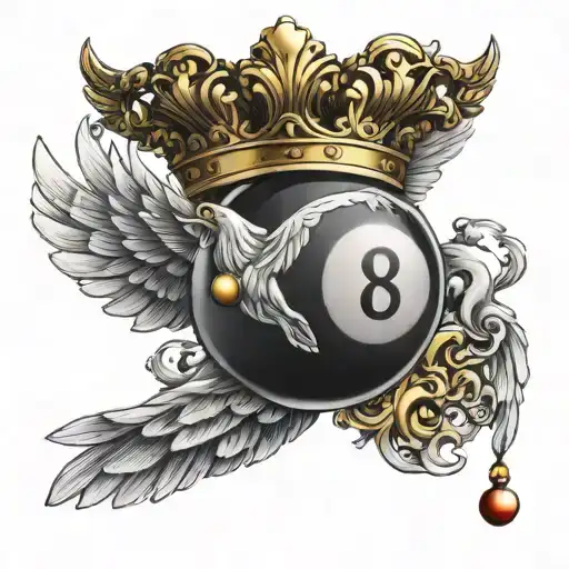 A Billiard 8 Ball With A Golden Crown With White Wings