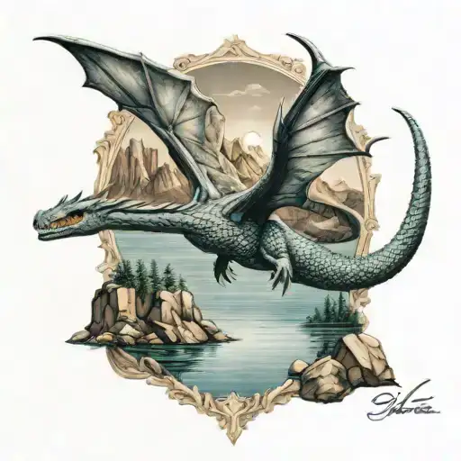 Wyvern Flying Over A Lake With A Mermaid Sunbathing On A Rock With Mountains In The Background
