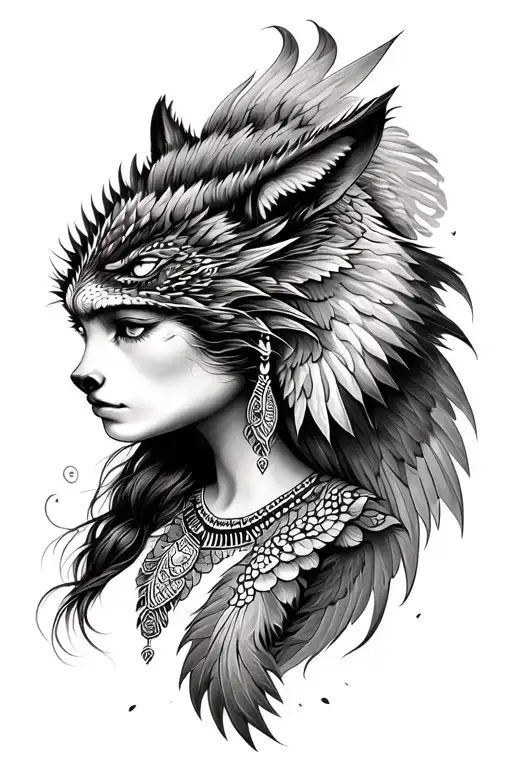 Dragon Wolf Phoenix Indian Girl