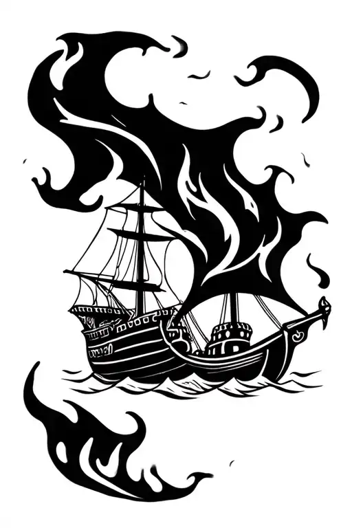 Viking Ship On Fire Flames