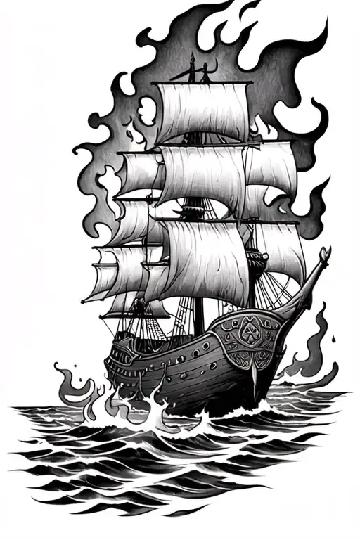 Viking Ship On Fire Flames