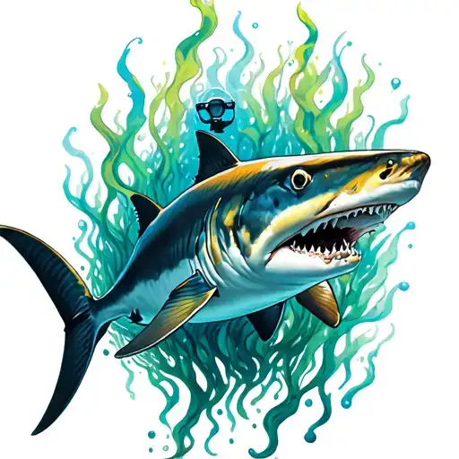 Dogfish Shark With Algae Behind And A Diver Behind