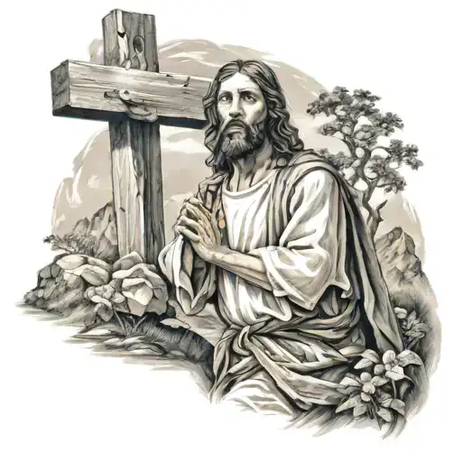 Jesus Christ Carrying A Cross Surrounded By Landscape