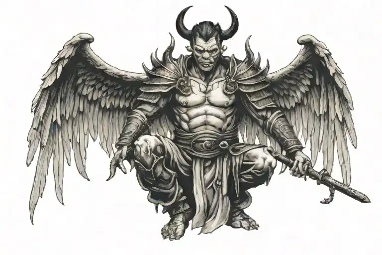 Devil With Wings Spread Wide Open Kneeling Samurai Leaning
