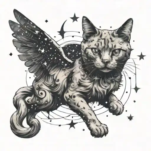 Cat With Wings And Constellations In Its Body Jumping Over A Crescent Moon
