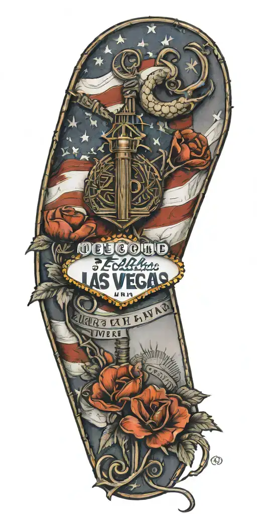American Flag With Combat Infantry Badge And Welcome To Las Vegas Sign And Poppy's