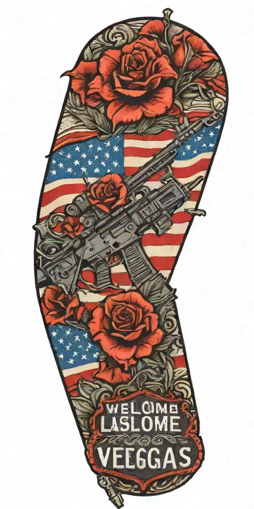 American Flag With Combat Infantry Badge And Welcome To Las Vegas Sign And Poppy's