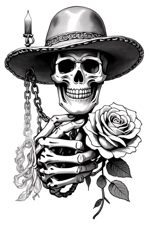 Mexican Skull Attached To A Chain Skeleton Hand Holding A Rose And A Candle Below