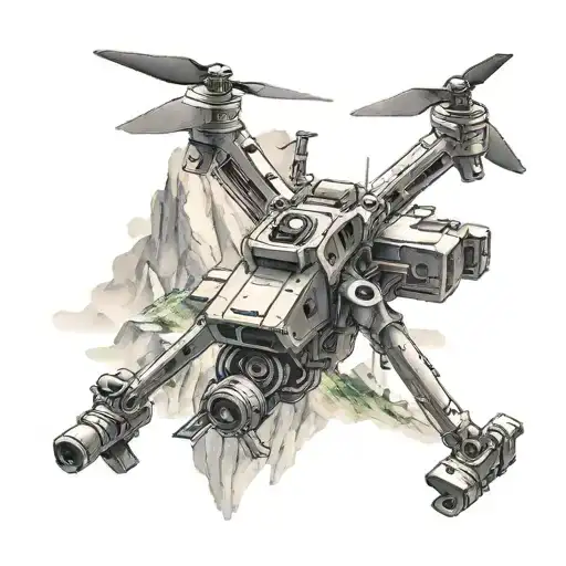Drone Flying Over A Rugged Mountain Landscape With A Machine Gun Attached To It