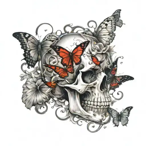 Skull Heat With The Letter J In The Middle Surrounded With Red Butterflies