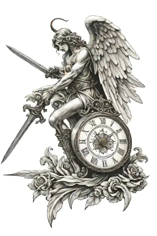 Angel Holding A Clock And Sword