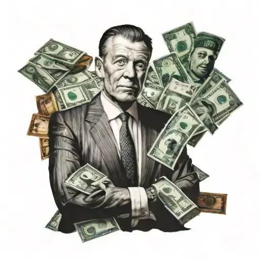 A Realistic Portrait Of A Famous Business Mogul Surrounded By Money Symbols