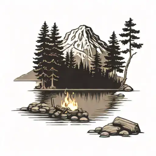 Landscape With Mountain Sun Trees River Campfire Doe