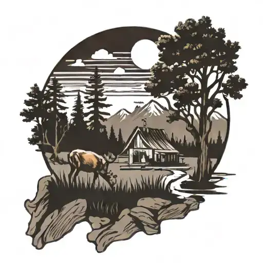 Landscape With Mountain Sun Trees River Campfire Deer