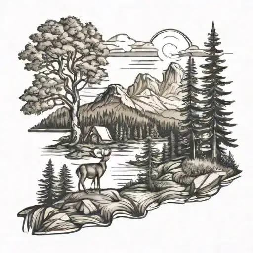 Landscape With Mountain Sun Trees River Campfire Deer