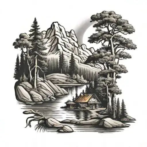 Landscape With Mountain Sun Trees River Campfire Deer