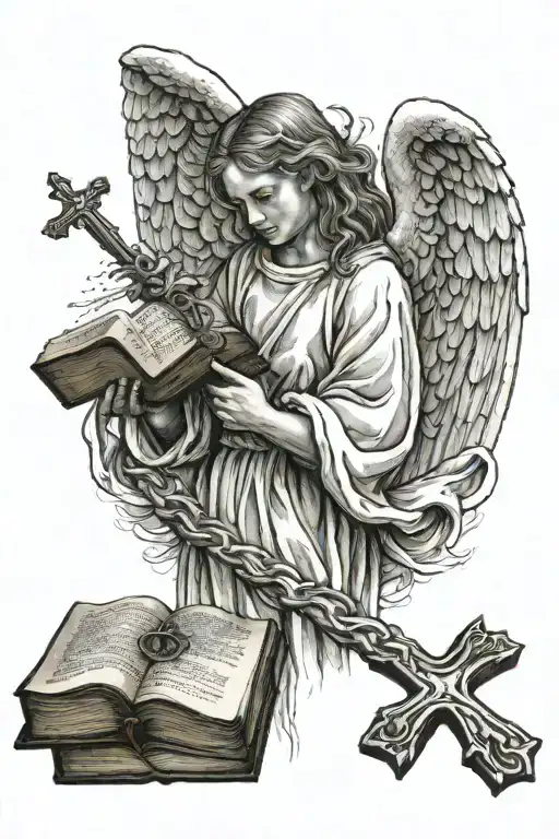 Angel Holding Thin Cross And Bible