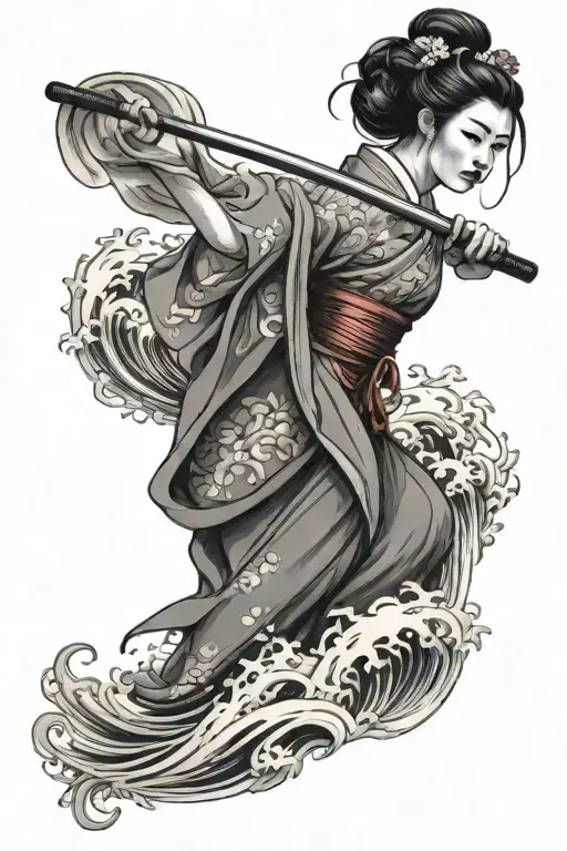 Portrait Geisha Holding A Katana With Waves In Background