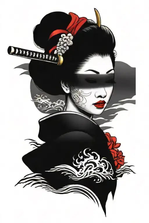 Portrait Geisha Holding A Katana Up To Face With Waves In Background
