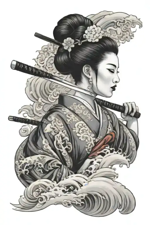 Portrait Geisha Holding A Katana Up To Face With Waves In Background