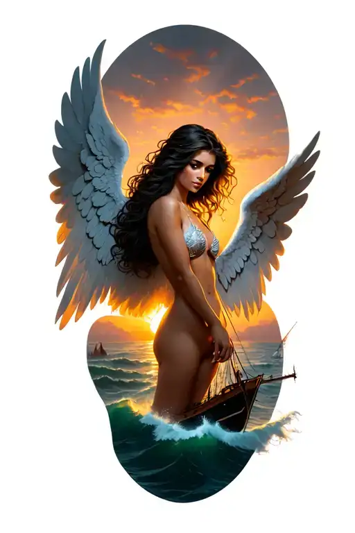 Sexy Female Guardian Angel Over A Shipwreck At Sunrise