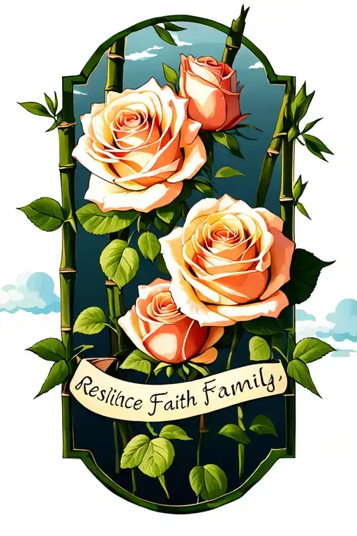 3 Roses Words Resilience Faith Family On Each Stem With Bamboos And Clouds In The Background