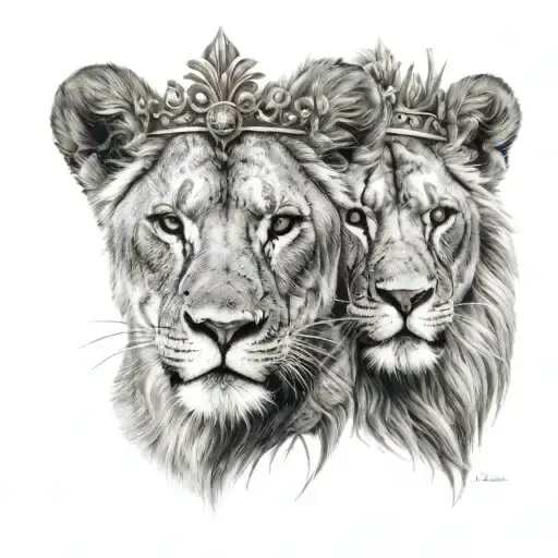 Female Lioness And Lion Cub With Crowns