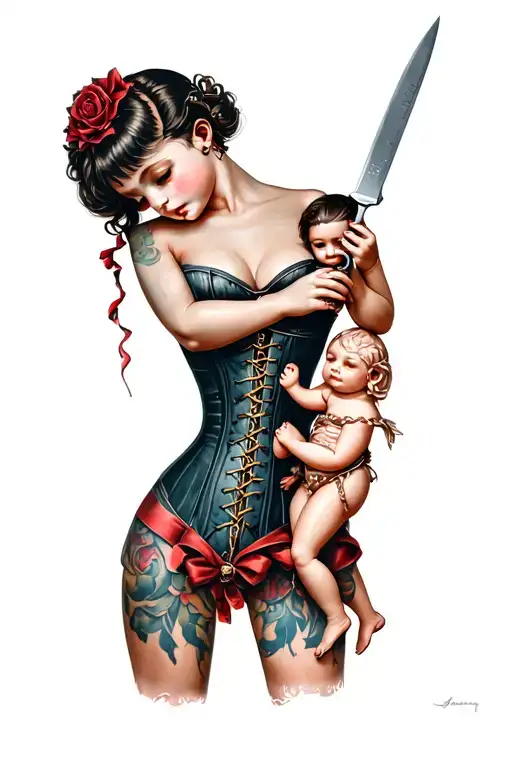 Ribbon Corset Down The Spine With A Baby Doll Holding A Knife