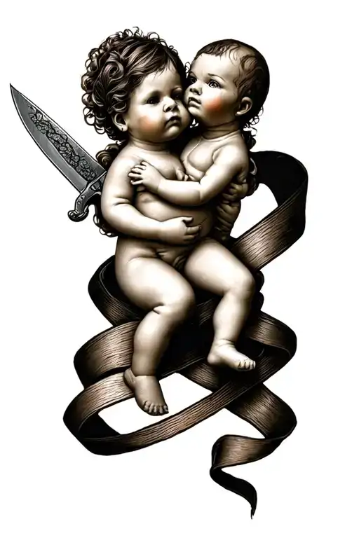 Ribbon Lace Down The Spine With A Baby Doll Holding A Knife