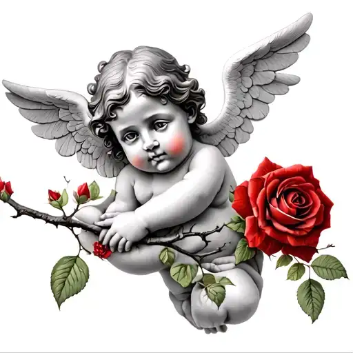 Cherub Holding Branch Of Red Roses Intertwined