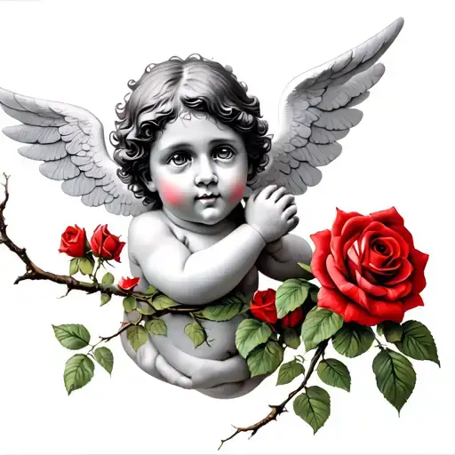 Cherub Holding Branch Of Red Roses Intertwined