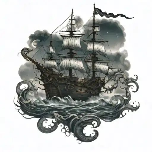 A Galleon Ship On A Moonlit Night With Kraken Tentacles Coming From The Dark Depths Below