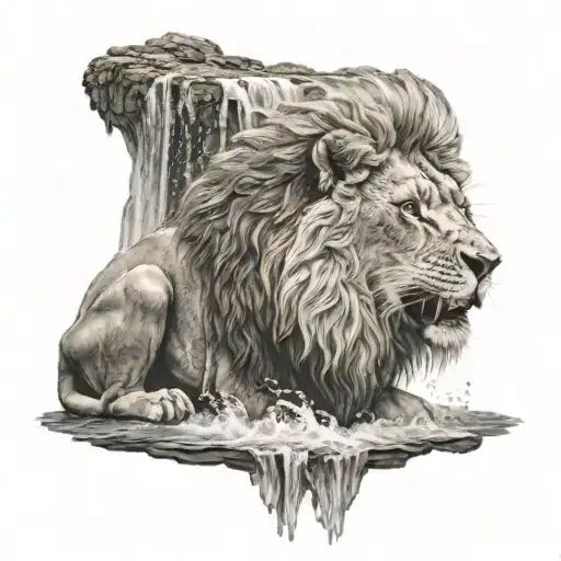 A Majestic Lion Roaring At The Edge Of A Waterfall