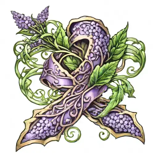 A Lavender Cancer Ribbon Wrapped In Green Vines And Brown Thorns Wrapped