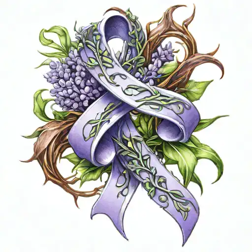 A Lavender Cancer Ribbon Wrapped In Green Vines And Sharp Brown Thorns
