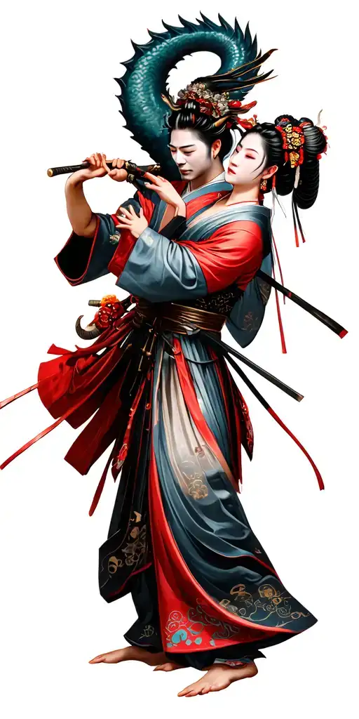 Samurai Demon And Geisha Dancing Together