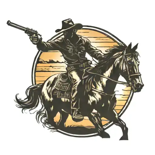 A Cowboy Silhouette Against A Sunset With A Horseshoe In The Background