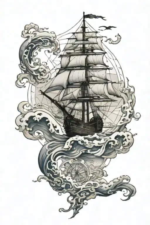 Ship And Map Navigating By The Ocean Waves