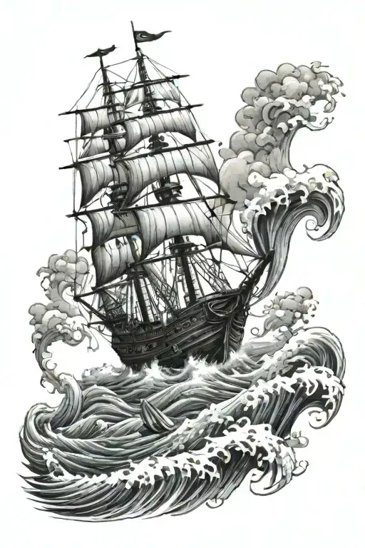 Pirate Ship Navigating In Ocean Waves