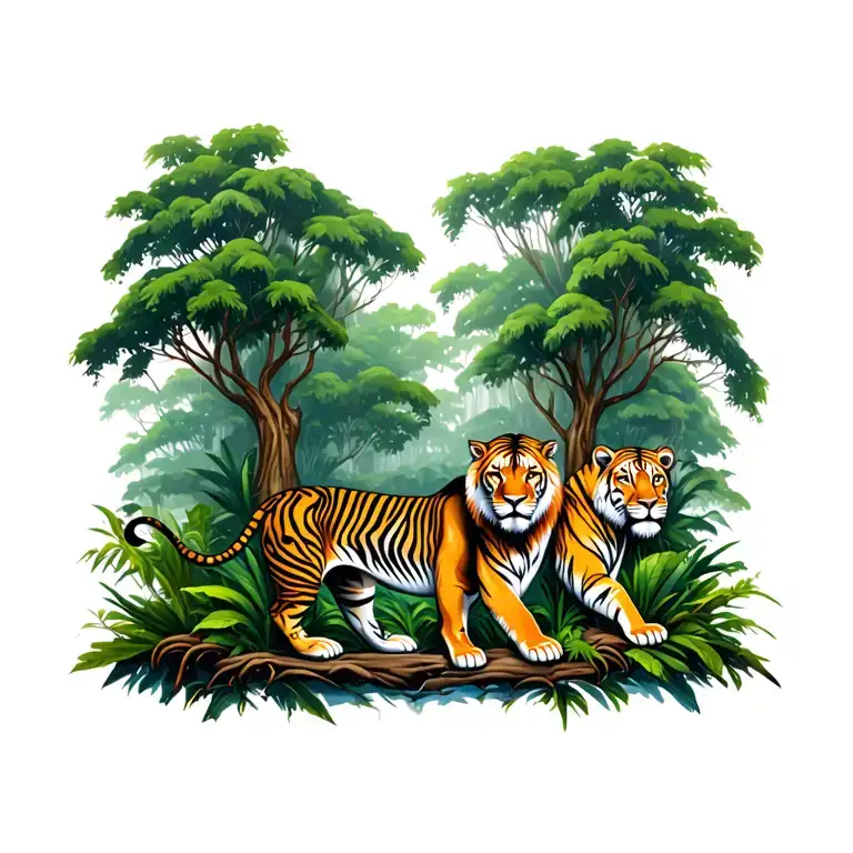 Lion And Tiger And Jungle Forest With Trees Growing
